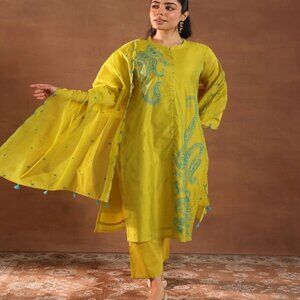 Green & Blue Embroidered Kurta Set with Trousers & Dupatta – Silk Blend S-2XL